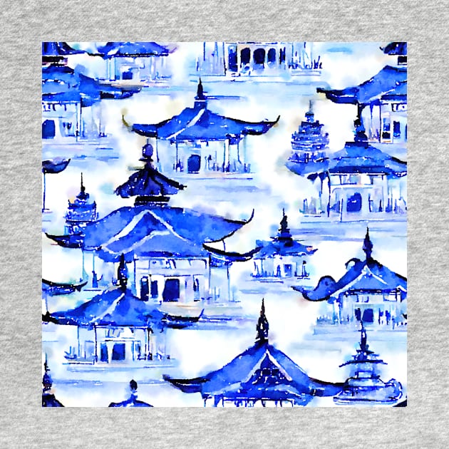 Blue and white chinoiserie pagodas by SophieClimaArt